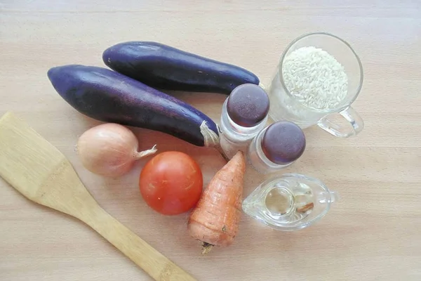 Приготувати Всі Необхідні Інгредієнти Приготування Баклажанів Рисом Мультиварці — стокове фото