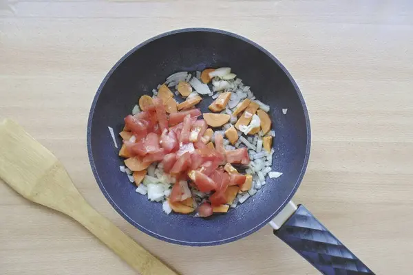 Add Chopped Tomato Pot — Stock Photo, Image