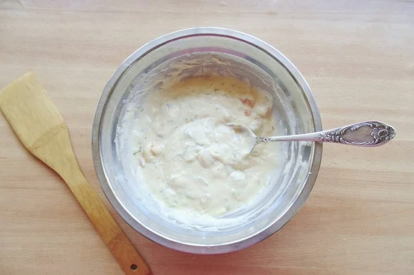 Stir Kefir Flour Egg Salt Baking Powder — Stock Photo, Image