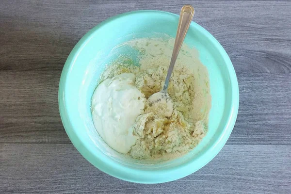 Add Sour Cream Stir Start Kneading Dough Spoon Soon Becomes — Stock Photo, Image