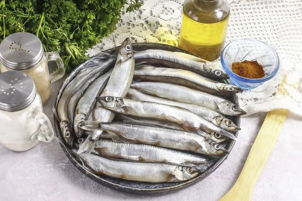 Prepare Todos Ingredientes Necessários Para Fazer Capelim Seco Casa Capelin — Fotografia de Stock