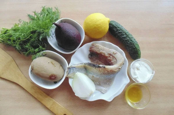 Připravte Všechny Ingredience Potřebné Přípravě Švédského Sledě Salátu — Stock fotografie