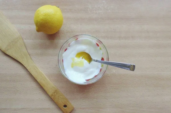 Prepare Salad Dressing Put Sour Cream Bowl Add Liquid Honey — Stock Photo, Image
