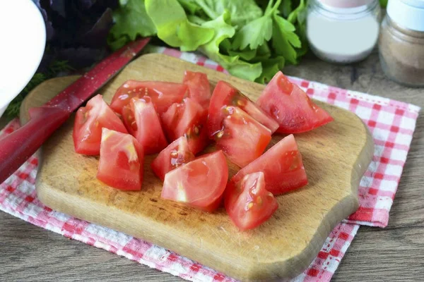 Rinse Tomatoes Cut Medium Slices — Stock Photo, Image