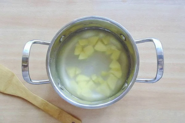 Pour Stock Saucepan Add Chopped Potatoes — Stock Photo, Image