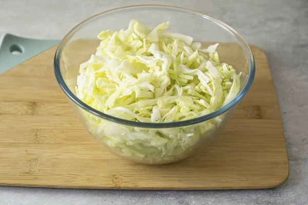 Chop Cabbage Thinly Transfer Deep Bowl Add Sugar Little Salt — Stock Photo, Image