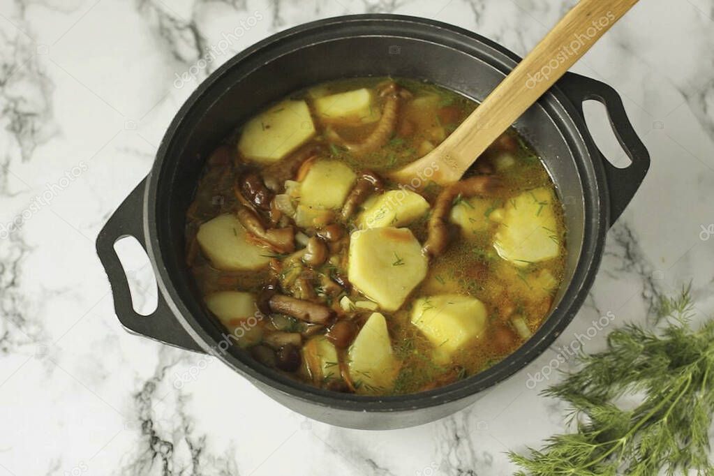 Let the finished dish brew under the lid for 10-15 minutes and you can serve stewed potatoes with mushrooms to the table.