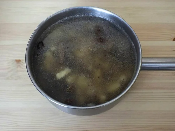 Pour Hot Water Vegetables Mushrooms Phalanx Contents Place Medium Heat — Stock Photo, Image