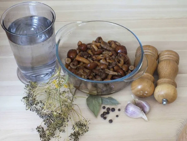 Prepare Todos Ingredientes Necessários Para Sal Mel Salgado Quente Cogumelos — Fotografia de Stock