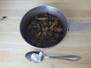 Suyu boşalt. Mantarları durula. Mantarları kaplamak için suyla doldur, 0.25 tbsp çözünür. Tuzu kaynat, köpüğü çıkar, 2-3 dakika bekle. Drenaj. Üçüncü seferde 600 ml dök. Kaynar su, 0.5 tbsp ekle. Tuz ve yemek pişirdikten sonra.