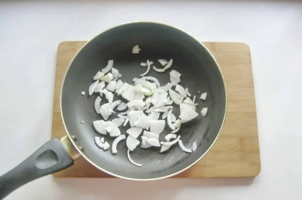 Peel Wash Finely Chop Onions Place Skillet — Stock Photo, Image