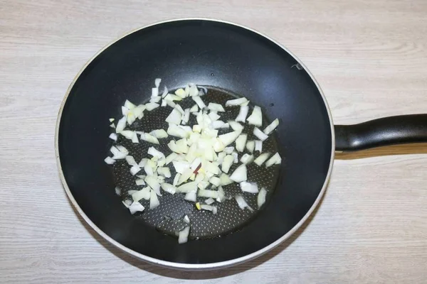Dice Onion Fry Pan Little Oil — Stock Photo, Image