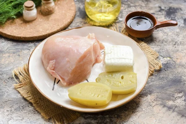 Prepare All Necessary Ingredients Making Chicken Cheese Rolls — Stock Photo, Image