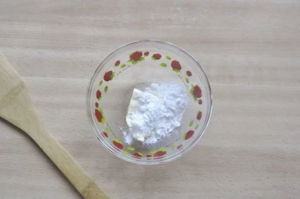 Weiche Butter Und Puderzucker Eine Schüssel Geben Gründlich Durchmischen — Stockfoto