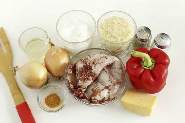 Připravte Všechny Potřebné Ingredience Pro Vaření Řecké Olihně — Stock fotografie