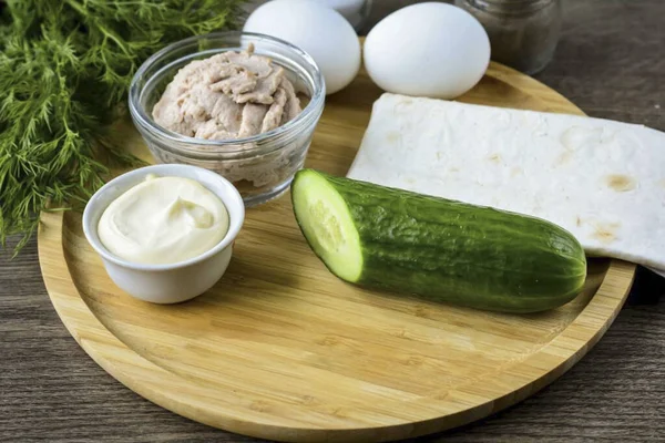 Prepare Todos Los Ingredientes Necesarios Para Hacer Pollock Roe Lavash — Foto de Stock