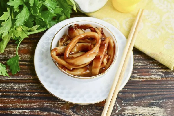 Calamar Teriyaki Listo Los Calamares Salsa Teriyaki Son Picantes Sabrosos —  Fotos de Stock