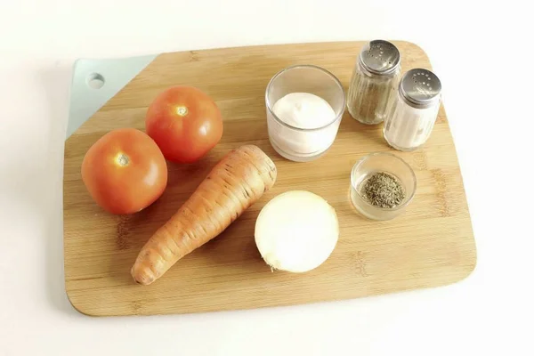 Prepare All Necessary Ingredients Making Tomato Carrot Salad — Stock Photo, Image