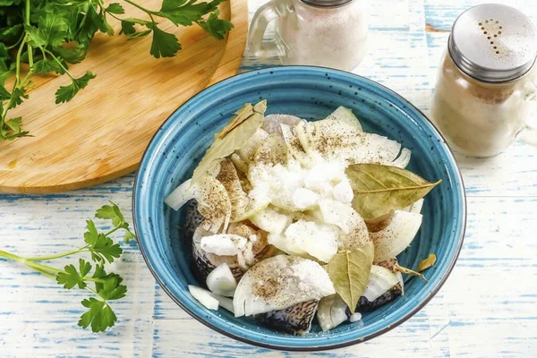 Add Salt Ground Black Pepper Bay Leaves Vinegar — Stock Photo, Image