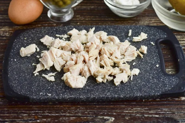 Cut Boiled Chicken Fillet Smaller Pieces Cut Your Meat Raw — Stock Photo, Image