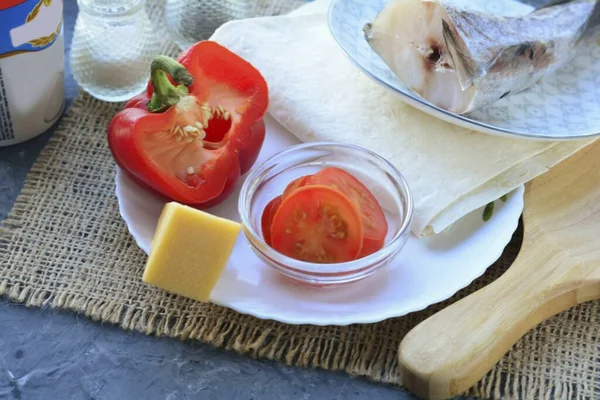 Prepare All Ingredients Needed Make Pollock Pita Roll — Stock Photo, Image