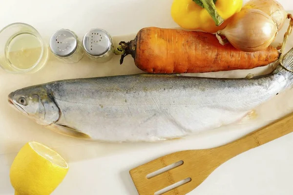 Bereid Alle Benodigde Ingrediënten Voor Het Koken Van Fish Foil — Stockfoto