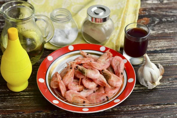 Prepare Todos Ingredientes Necessários Para Cozinhar Camarão Molho Vinho — Fotografia de Stock