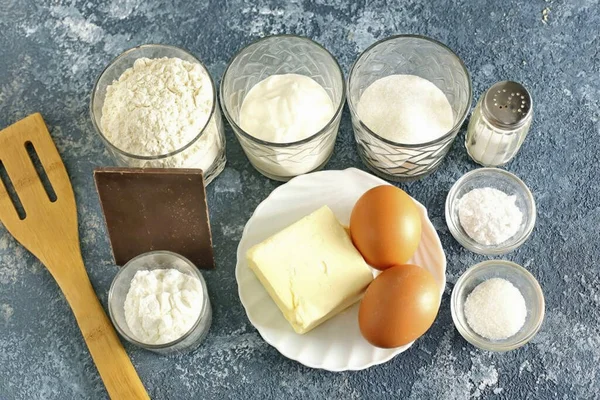 Préparer Tous Les Ingrédients Nécessaires Pour Faire Tarte Aux Pépites — Photo