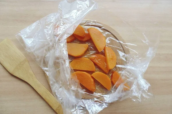 Bake Pumpkin Sleeve Oven 180 Degrees Minutes Depending Variety Thickness — Stock Photo, Image