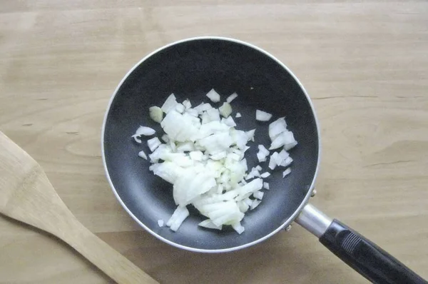 Peel Onions Wash Chop Finely Place Skillet — Stock Photo, Image