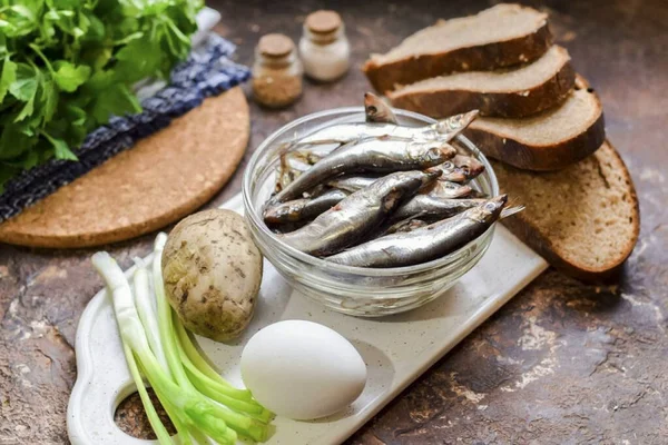 Bereid Alle Ingrediënten Die Nodig Zijn Sprat Egg Canape Maken — Stockfoto