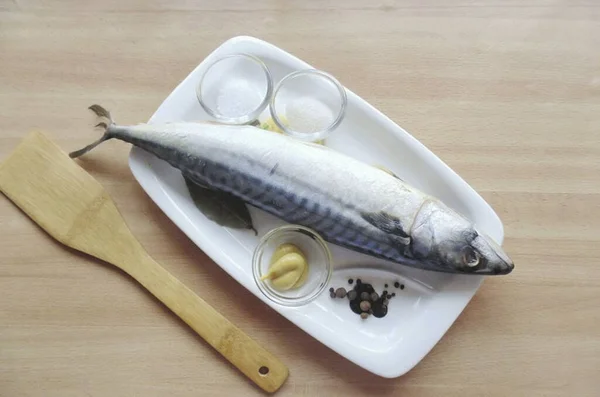Připravte Všechny Potřebné Ingredience Pro Výrobu Makrely Hořčičné Marinádě — Stock fotografie