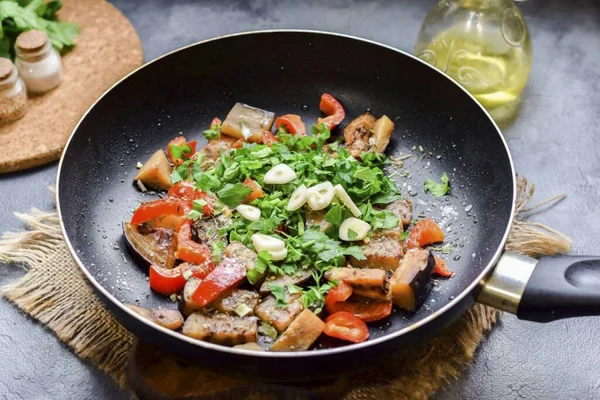 Follow Chopped Cilantro Clean Garlic Cut Plates Add Eggplants — Stock Photo, Image