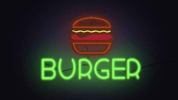 Burger Fast Food Restaurant Text Neon Sign Animation Auf Schwarzem — Stockvideo