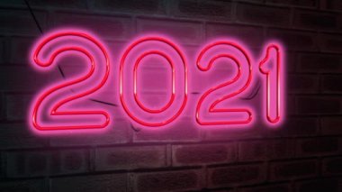 Mutlu yıllar 2021. 3D Kırmızı Tuğlalar Üzerine Neon Animasyon - 4K Ultra