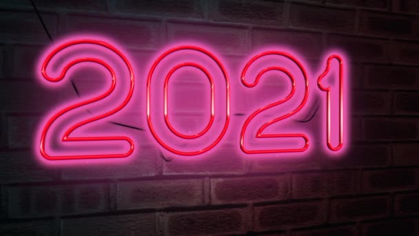 Frohes Neues Jahr 2021 Neon Animation Auf Rotem Ziegelhintergrund Ultra — Stockvideo