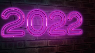 Mutlu yıllar 2022 3D Kırmızı Tuğlalar Üzerinde Neon Animasyon 4K Ultra