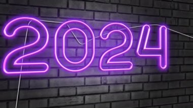 Mutlu yıllar 2024 3D Neon Animasyon Beyaz Tuğlalar Arkaplanı - 4K Ultra