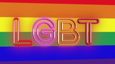 LGBT ve Gururlu 3D Metin Neon İşaret Sembol Animasyonu Renkli Altı bantlı Gökkuşağı LGBT veya GLBT Bayrak Arkaplanı - 4K Ultra