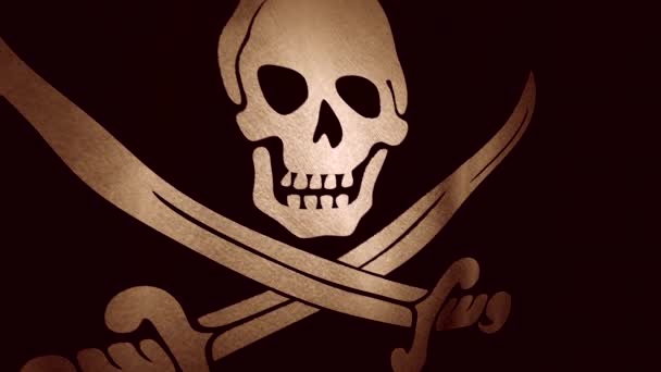 詳細ファブリックテクスチャで風になびくジョリー ロジャー海賊旗の閉鎖 現実的な海賊旗 4K超背景アニメーション — ストック動画