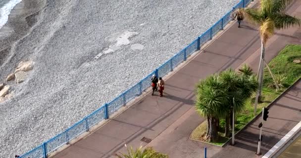 ニース フランス 2021年1月11日 プロムナード アングライスを歩く人々の空中ビューを移動する フランスのリビエラのヤシの木と大きなペブルビーチ フランス ヨーロッパ Dci Video — ストック動画