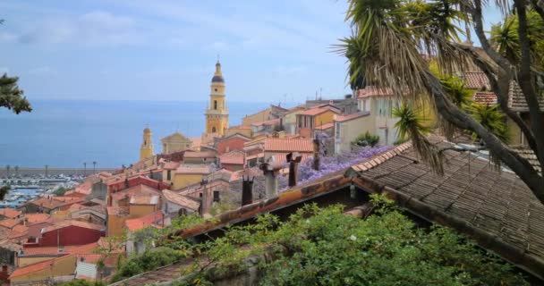 Vackra Menton Old Town Den Franska Rivieran Förhöjd Antenn Utsikt — Stockvideo