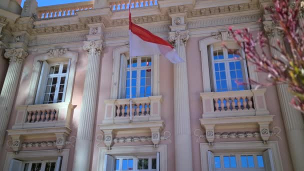 Vlag Van Monaco Een Prachtige Typische Gebouwenmuur Monte Carlo Monaco — Stockvideo