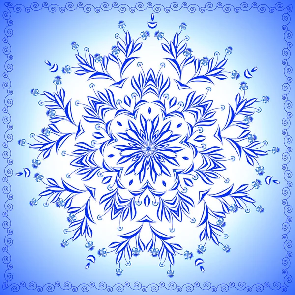 Ronde Blauwe Folk Bloem Ornament Vector Illutratie — Stockvector