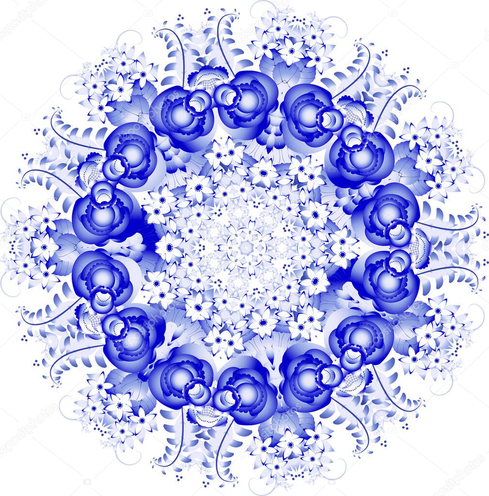 Round blue ornament Gzhel