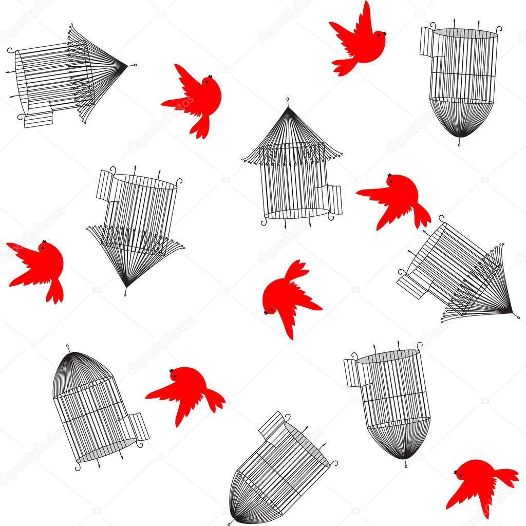 Seamless pattern with  birdcage and birds - vector illustration
