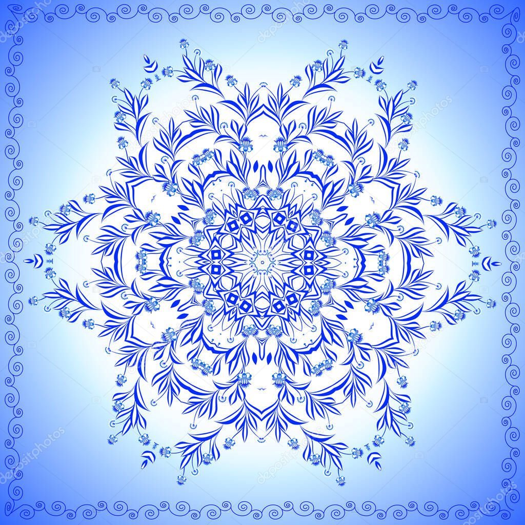 Round blue folk flower ornament   - vector illutration