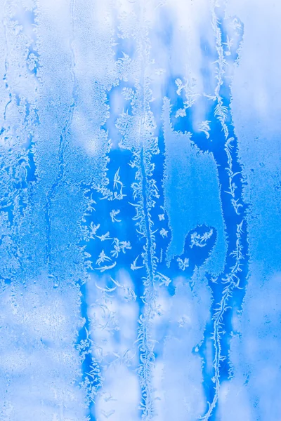 Padrões Gelados Vidro Textura Gelada Fundo Azul Janela Fosca — Fotografia de Stock