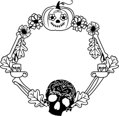 Cadılar Bayramı çelengi tasarımın kutlu olsun. Tebrik kartı şablonu, parti davetiyesi, afiş, kartpostal, poster, tişört. Beyaz arkaplanda izole.