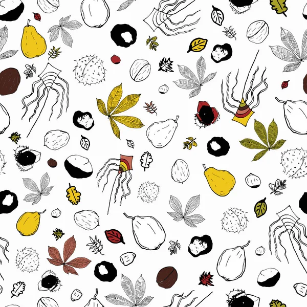 Vector blanco negro amarillo otoño Doodle patrón de fondo — Vector de stock